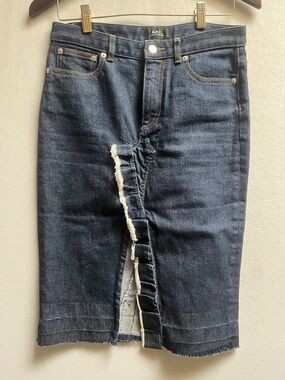 A.P.C. High Standard Ruffle Front Raw Hem Denim Skirt Size 28